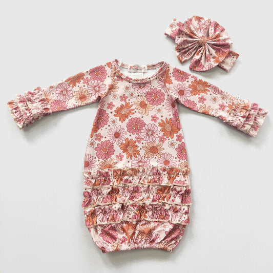 Maggie Mauve Daisy Baby Gown with Headband