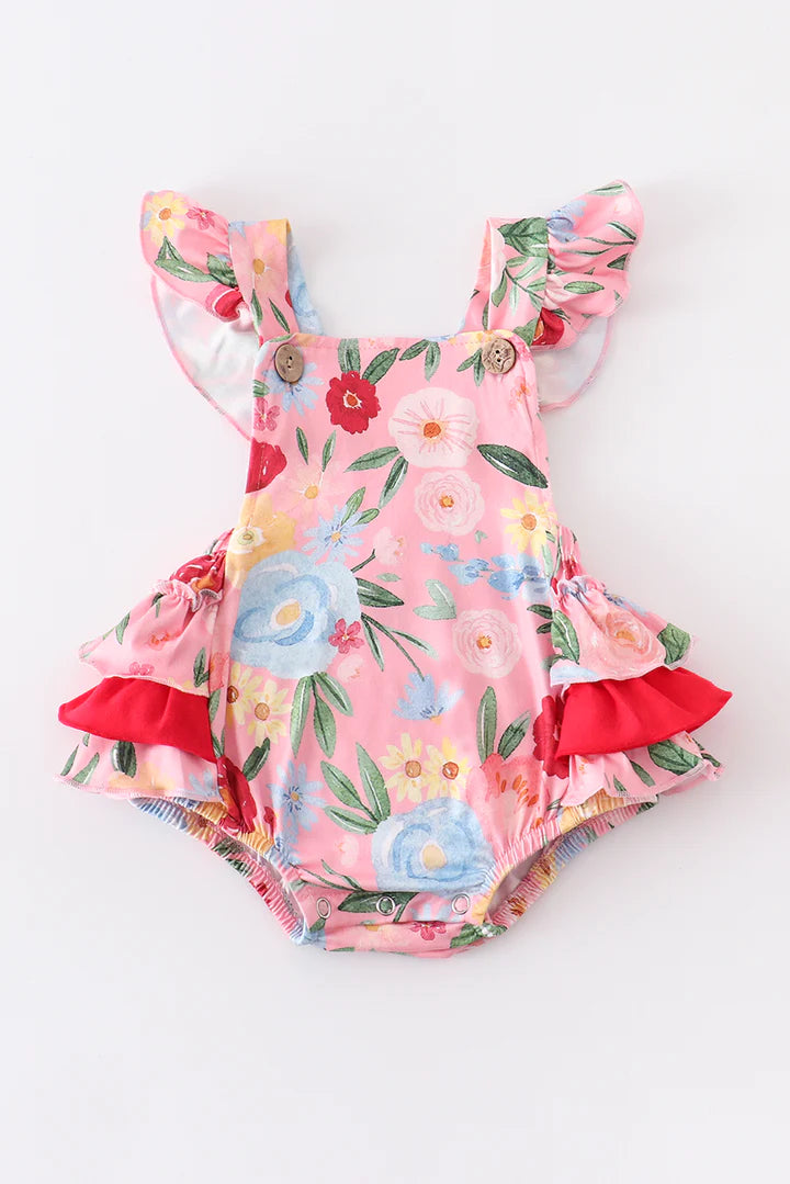 Penelope Pink Floral Ruffle Romper with Criss-Cross Back
