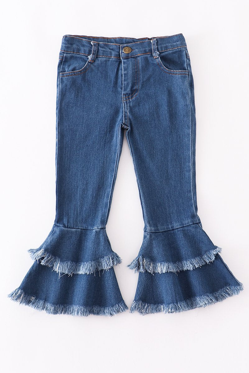 Dark Blue Double Layered Frayed Jeans