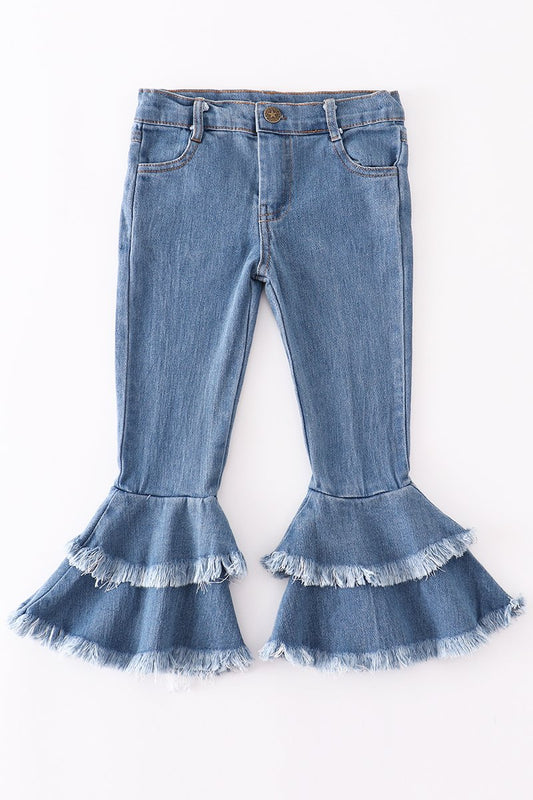 Blue Double Layered Frayed Jeans