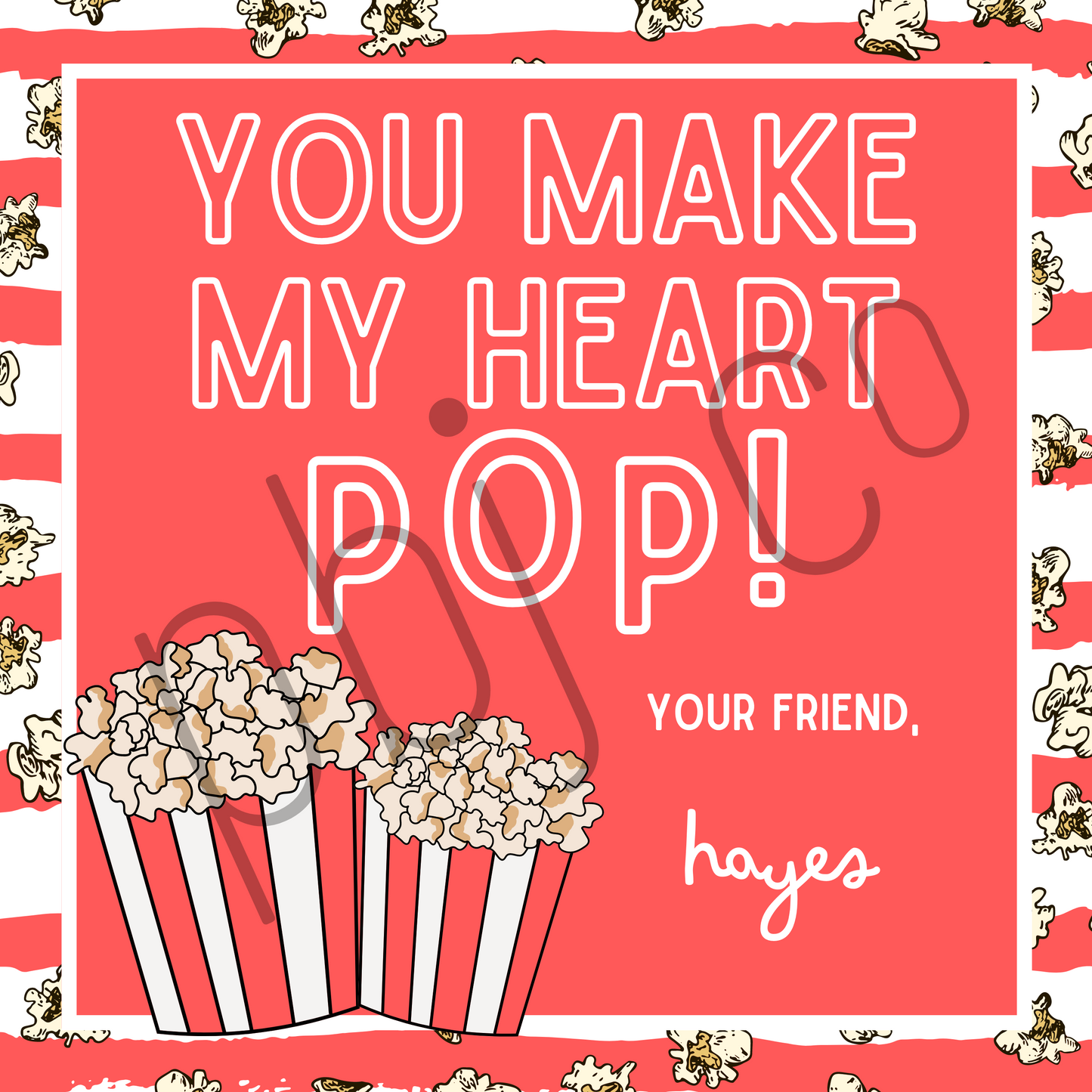 PRINTED Kids Customized Popcorn Valentine's Day Set of 24 Cards Favors Boy Girl Valentines Gift Tag With Envelopes Classroom Daycare Teacher