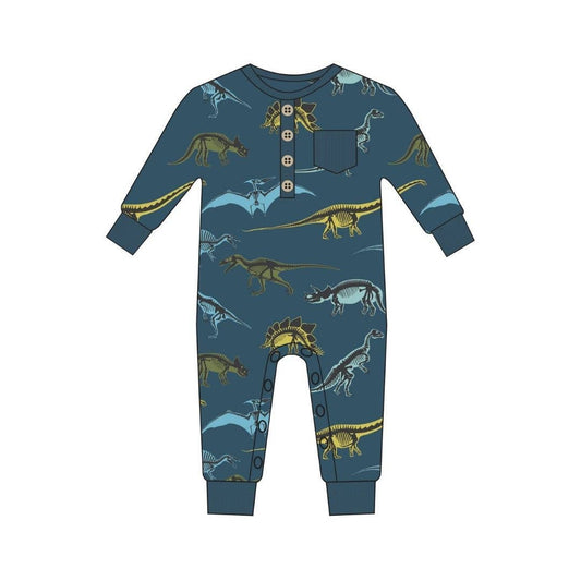 L&T Long Sleeve Wooden Button Romper - Dino Fossils