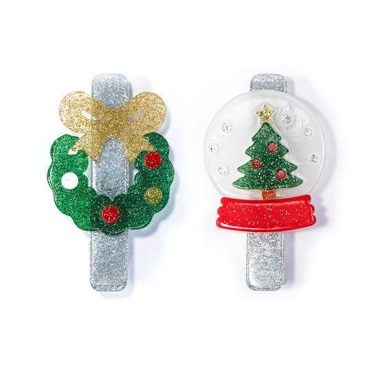 Wrenlee Lilies & Roses Christmas Wreath & Snow Globe Alligator Clips