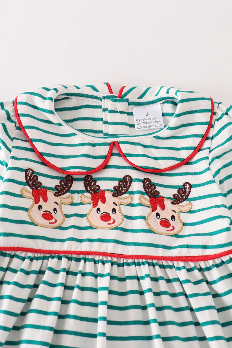 Rosie Green Stripe Reindeer Applique Girl's Dress