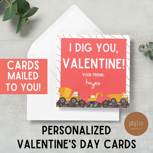 PRINTED Kids Customized Excavator Valentine's Day 24 Cards Favors Boy Girl Valentines Gift Tag With Envelopes Classroom Daycare Preschool Teacher