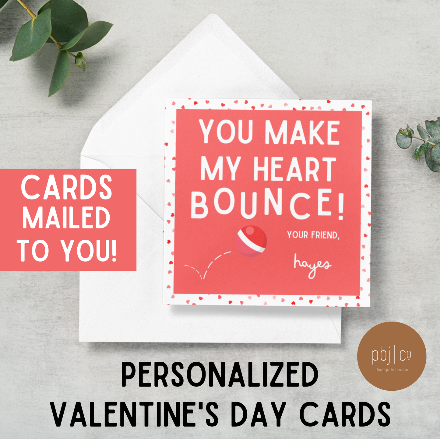 PRINTED Kids Customized Bouncy Ball Valentine's Day Set of 24 Cards Favors Boy Girl Valentines Gift Tag With Envelopes Classroom Daycare Teacher