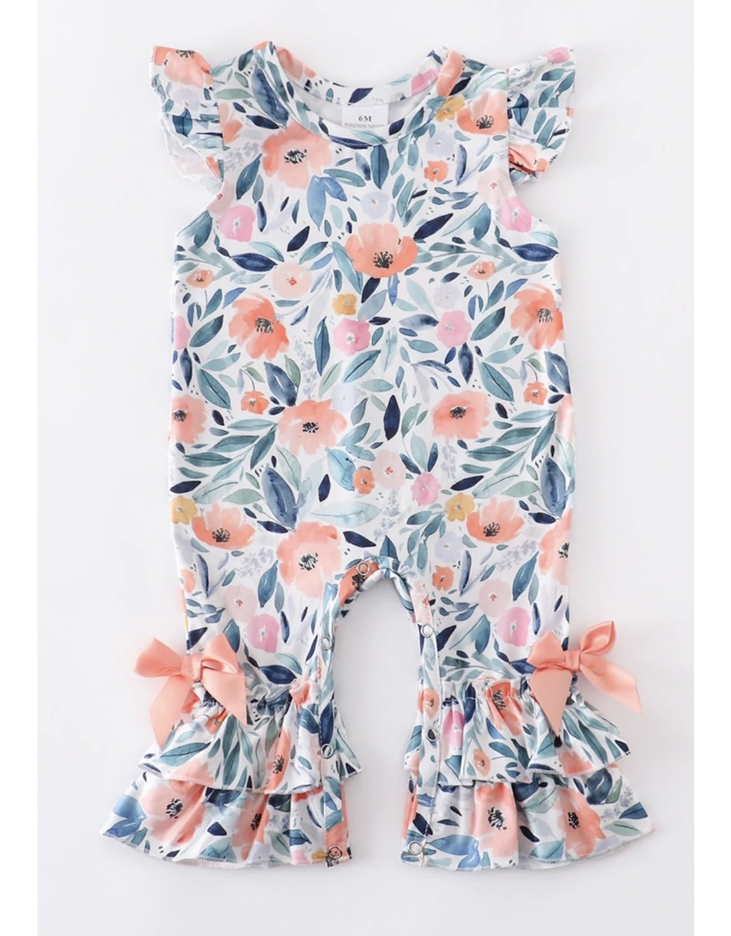 Hazel Coral Floral Ruffle Baby Romper