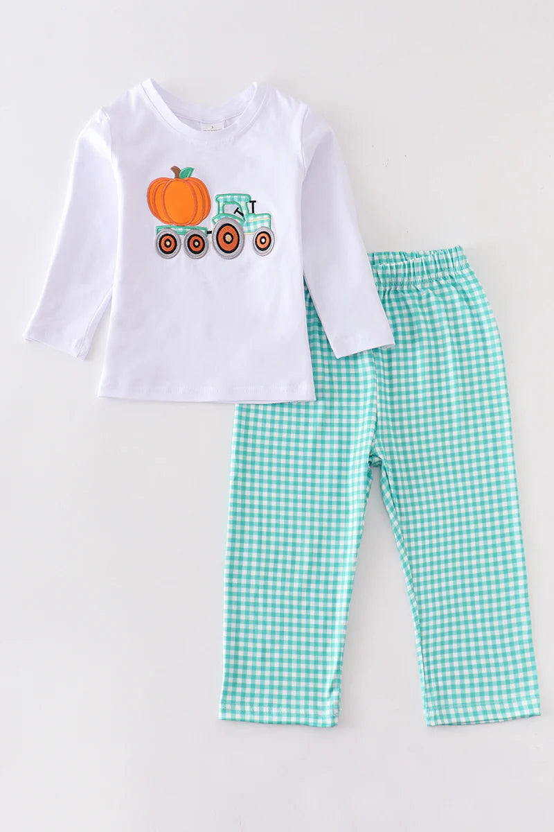 Porter Pumpkin Tractor Applique Boy's Pants Set